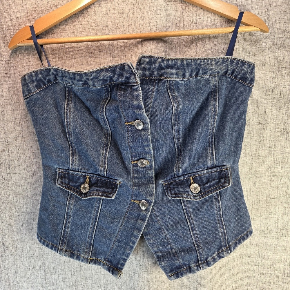 Emerson Lang Strapless Blue Denim Cropped Corset Bustier Women's Large Biker Y2K